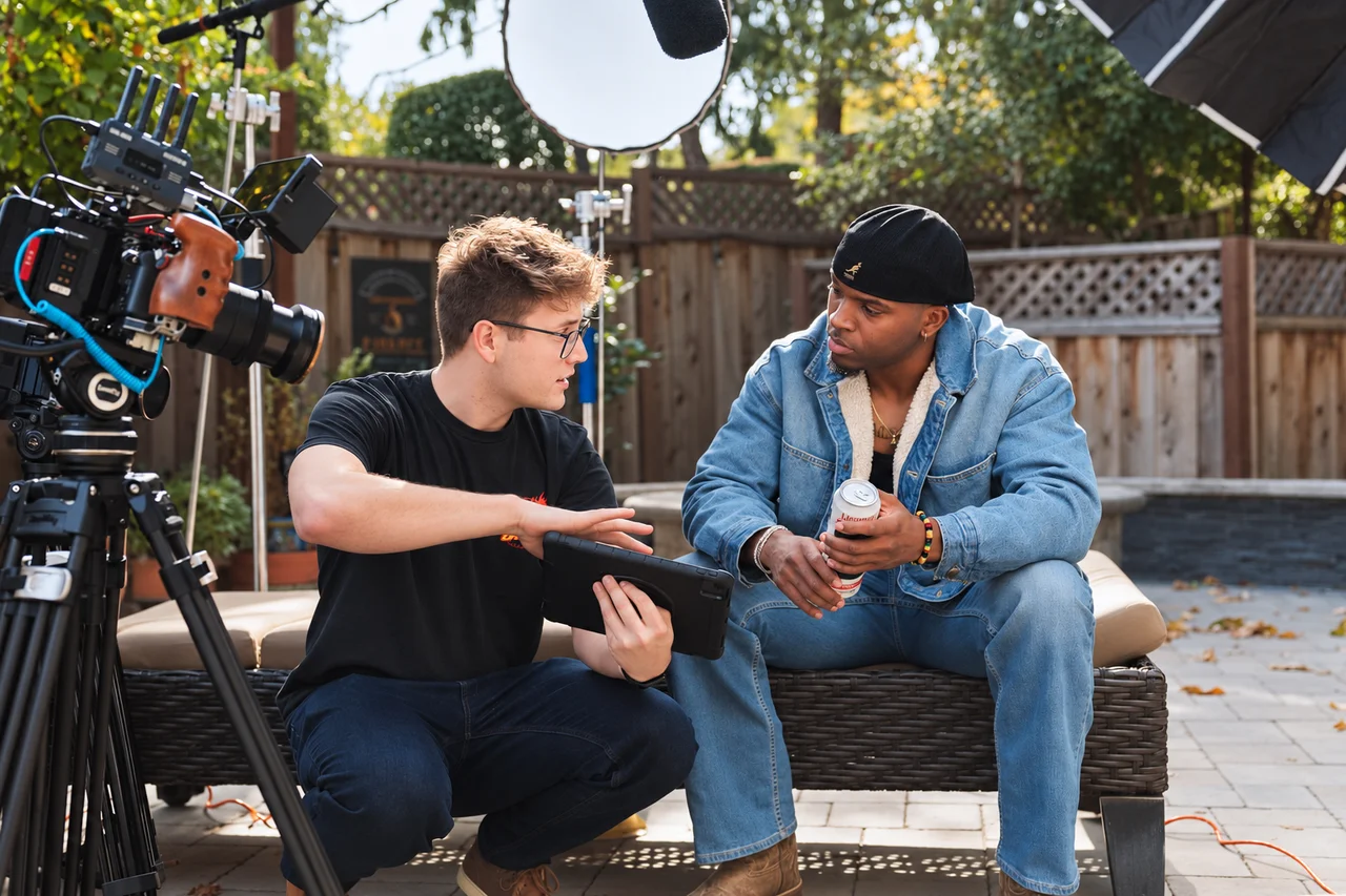 Chase collaborating with talent on set